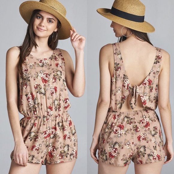 Pants - Sleeveless Round Neck Khaki Floral Romper